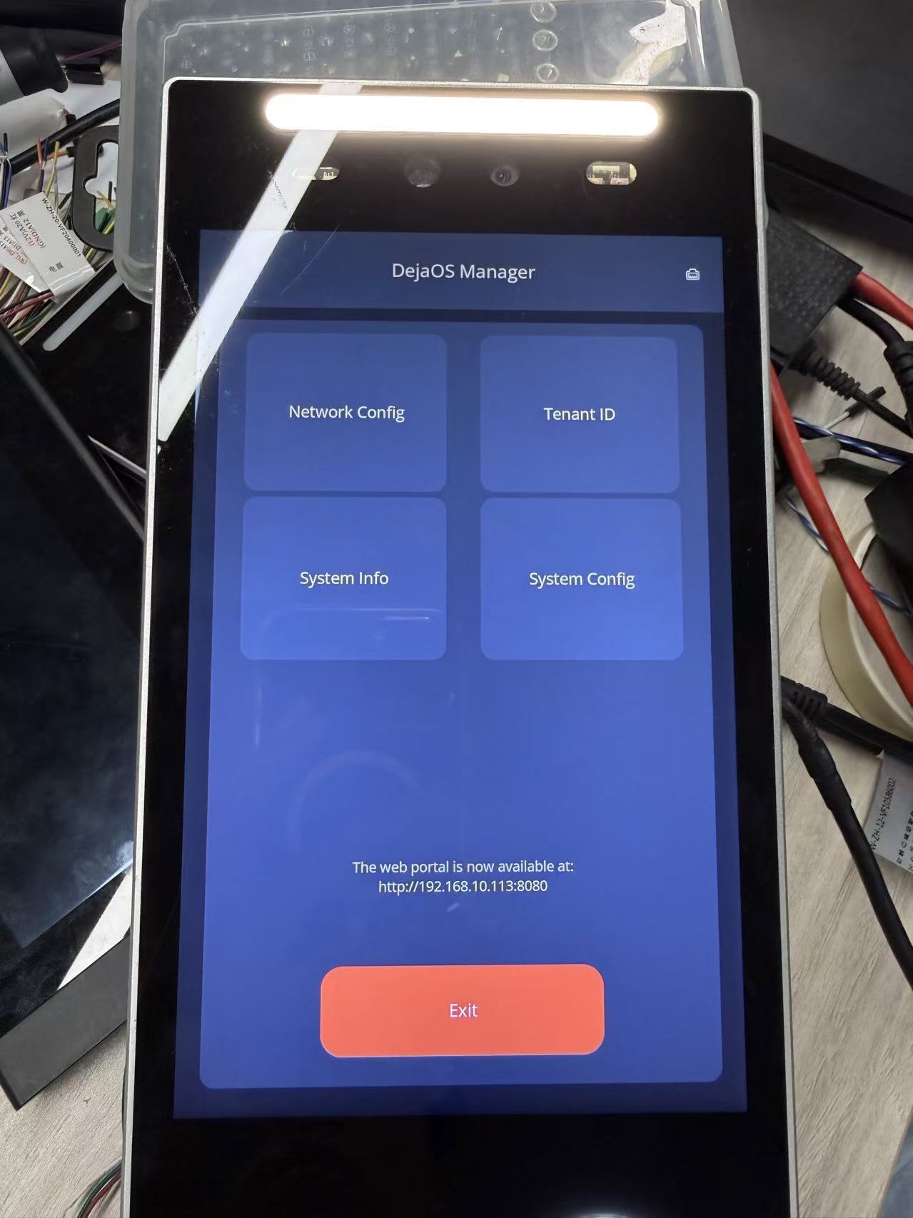 DejaOS Manager main menu with web portal URL